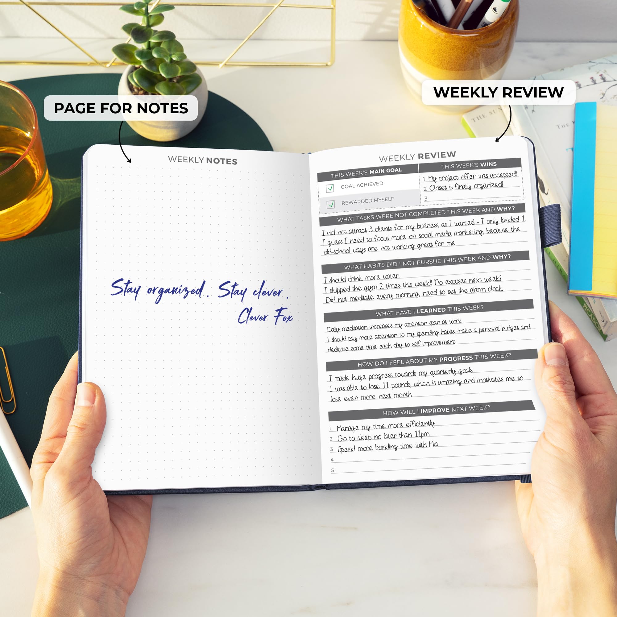 Clever Fox Planer dzienny, niedatowany notatnik z harmonogramem godzinowym i listą rzeczy do zrobienia - osobisty organizer do zadań i pracy, 6 miesięcy (ciemnoniebieski)