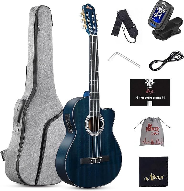 WINZZ AC309CE Kit de pastilla incorporada para guitarra eléctrica clásica con cuerdas de nailon recortadas de 39 pulgadas, lecciones en línea, azul