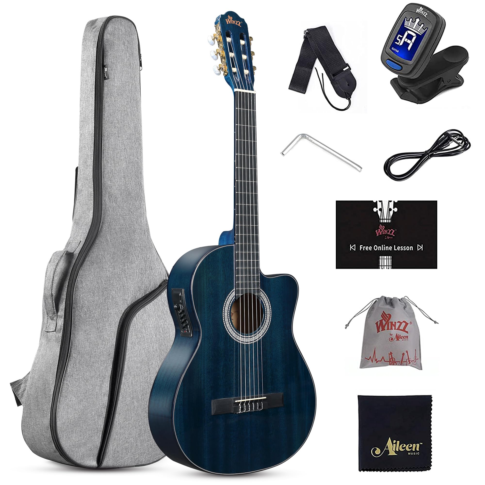 WINZZ AC309CE 39 Inches Cutaway Nylon-string Classical Electric Guitar Build-in Pickup Kit Set Online Lessons, Blue