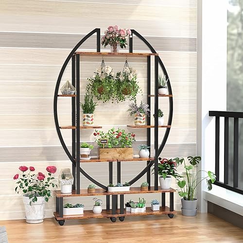 Miniatura 19 de 2 soportes de metal de 6 niveles altos para plantas de interior con ruedas desmontables, soporte para plantas para espacios exteriores con lazo