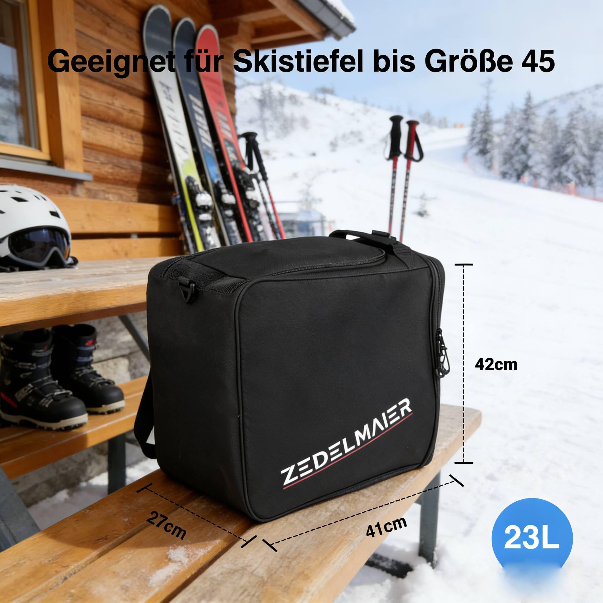 Zedelmaier Praktische Skischuhtasche für den Skisport wasserdichte Schuhtasche für Wintersport Robuste Schuhtasche für Skischuhe bis Größe 45 Tasche geeignet für Skihandschuhe,Skihelm