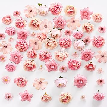 100 PCS Artificial Flower Heads, Fake Flowers for Cake Decoration with 9 Styles, Mini Pink Flower Heads for DIY Crafts, Hair Accessories for Girls, Gift Wrap, Wedding & Home Decoration