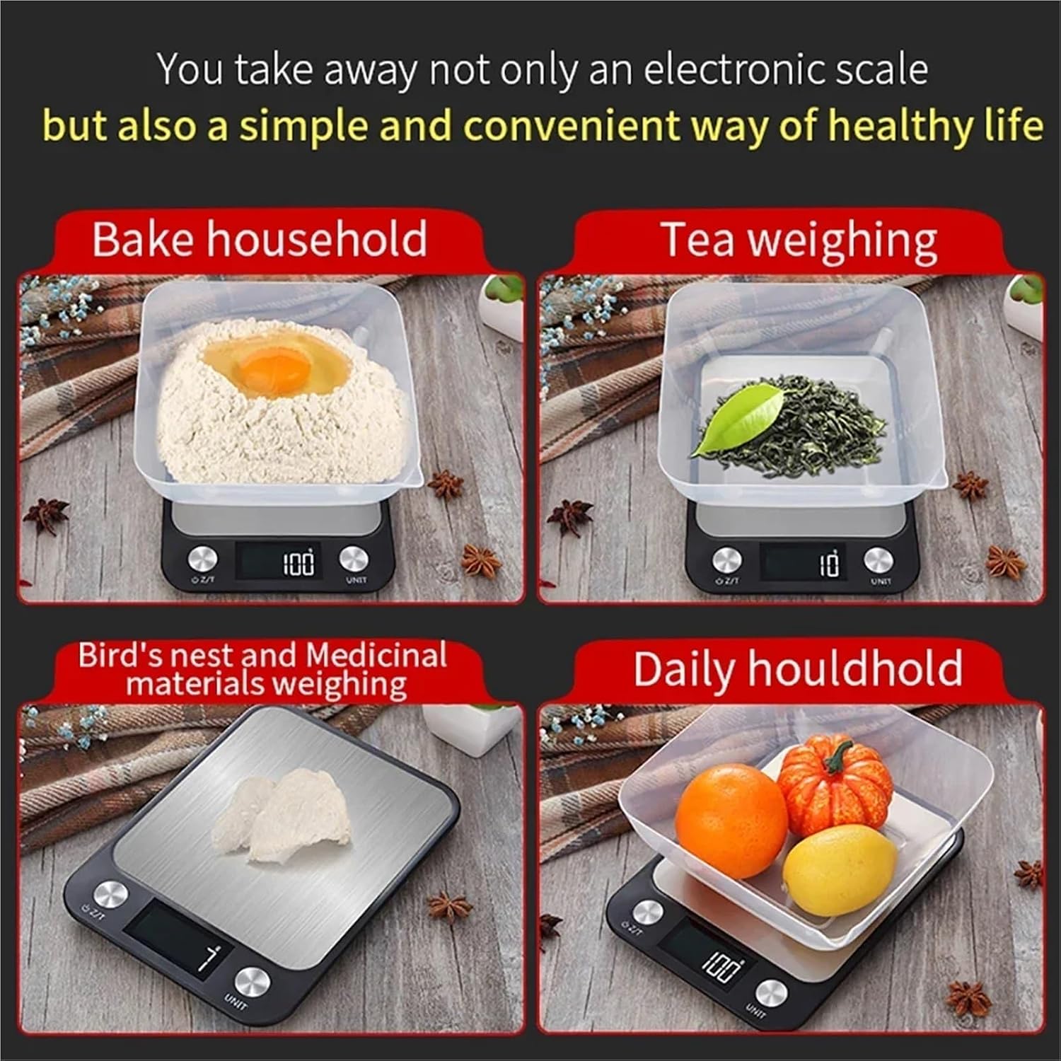 15kg/1g Kitchen Scale Stainless Steel Food Coffee Kitchen Waterproof Scale Digital Food Baking Milk Vegetable Weight Scales(Black,15Kg)