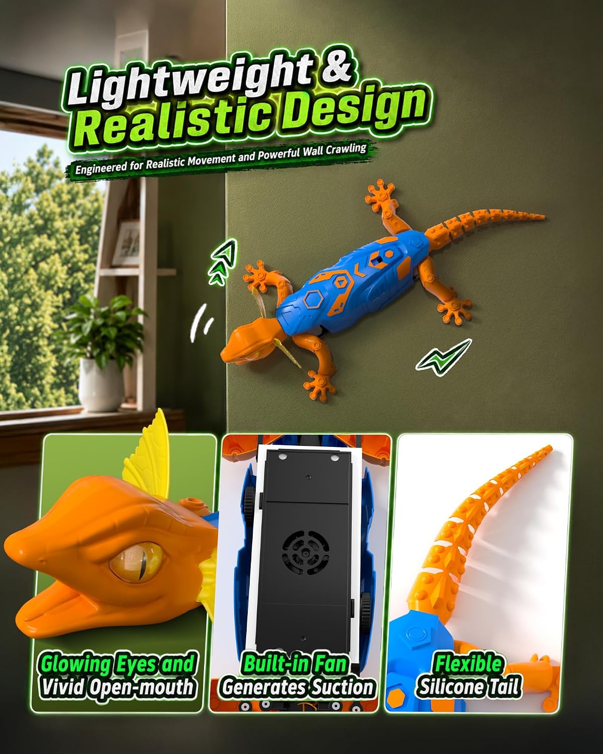Kikapabi RC Wall Climbing Gecko Toy, 2.4GHz Remote Control LED Glowing Eyes Lizard 360° Rotating Crawls on Floor Ceiling Funny Prank Game Halloween Birthday for Kids Ages 4-12, Orange image 2