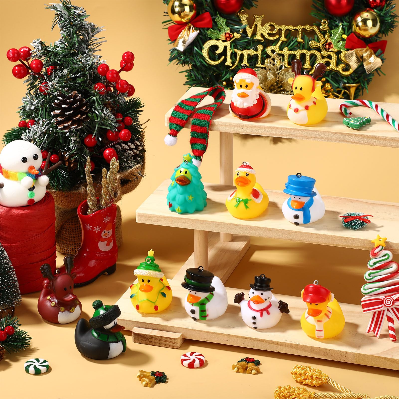 11pcs Small Cute Christmas Rubber Ducks Toys, Novelty Assorted Mini Christmas Duck Favors with Rope Xmas Eve Stocking Fillers Multipack for Cruise Ship Bath Pool Holiday Decoration - Image 3