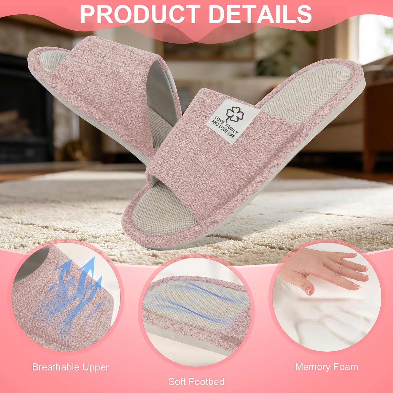 CHGANG House Slippers for Women,Warm Cozy Soft Lightweight Slip-On Open Toe Linen Cotton Slippers with Memory Foam and Indoor Outdoor Soles