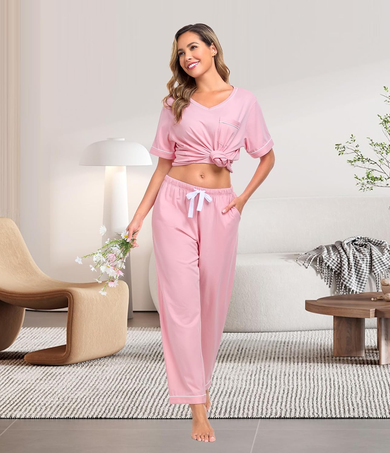 CF Women's 100% Cotton Pajama Sets Soft Short Sleeve Tops & Pants Comfy Sleepwear 2 Piece Lounge set with Pockets Loungewear - Image 3