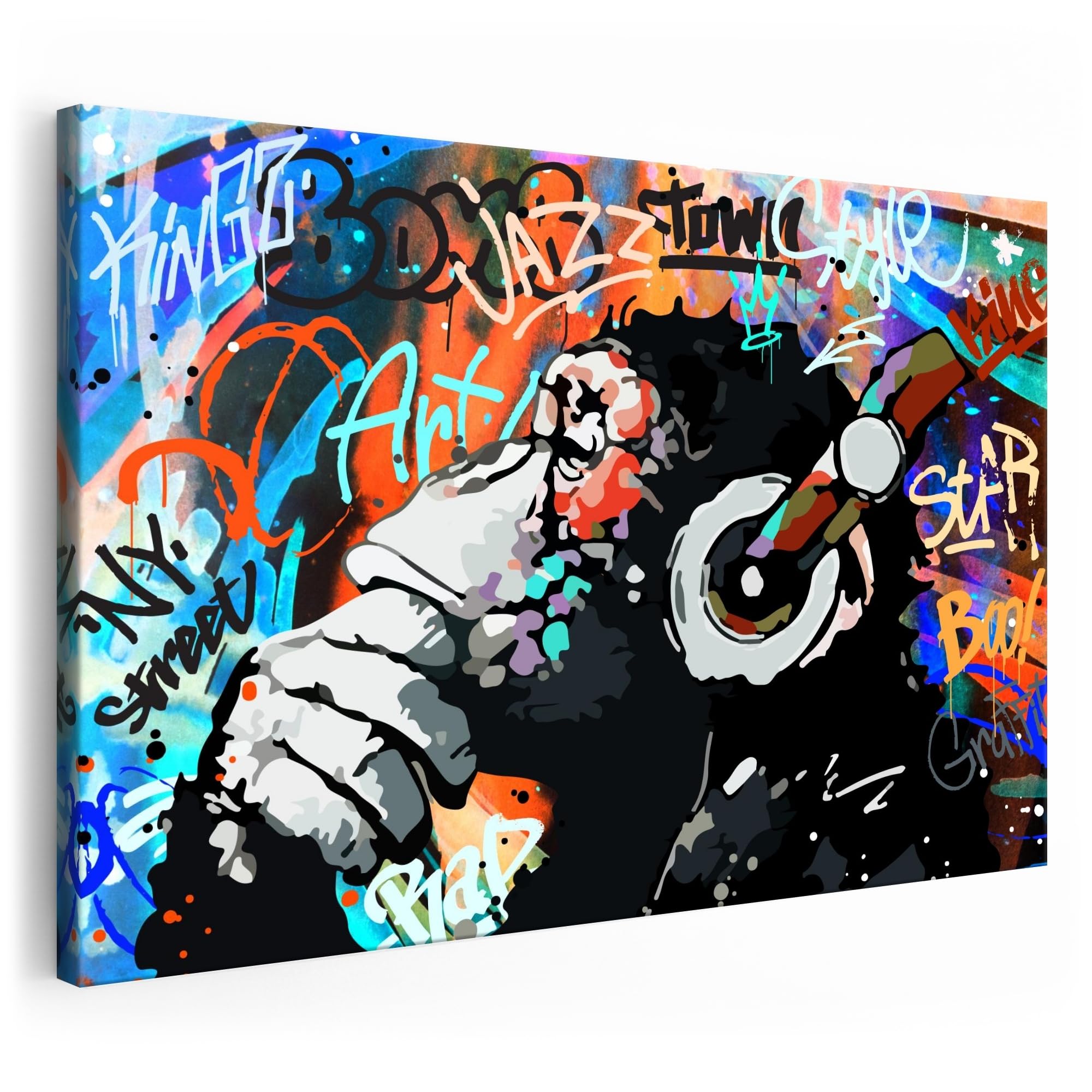 Artmazing | Quadro da parete XXL 120 x 80 cm su tela | Scimmia graffiti | Cornice in legno massello certificato FSC | Stampa artistica di qualità per soggiorno, camera da letto, cucina e ufficio