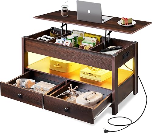 Miniatura 15 de WLIVE - Mesa de centro de madera con parte superior elevable, compartimento oculto y estante de almacenamiento ajustable, mesa elevable para comedor
