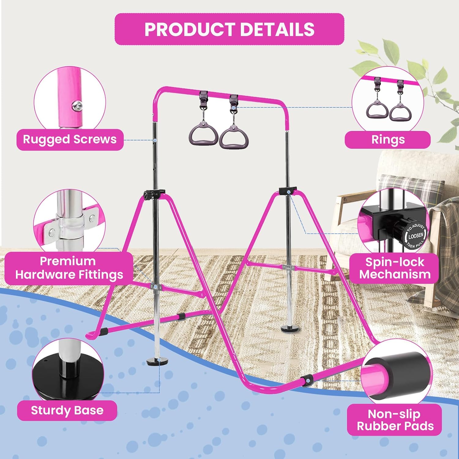Amrta Foldable Gymnastics Bar with Rings, Adjustable Collapsible Horizontal Training Equipment Set for Indoor Outdoor Home Use Gym Gift in Pink Purple Blue