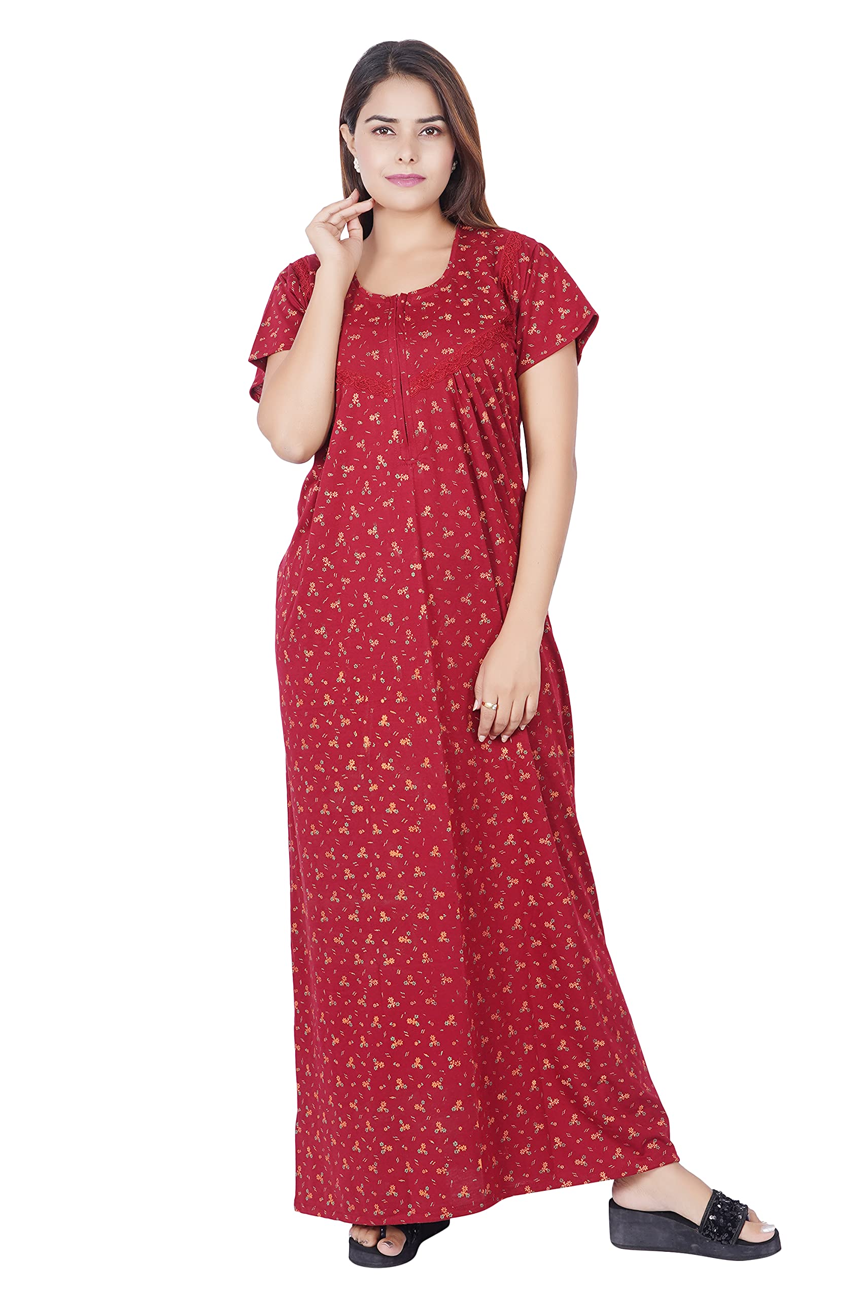 REN STARWomen's Hosiery Cotton Nighty| Half Sleeves | Night Wear | Maxi for Women | Size-X-Large, U Shaped Neck (Article-SK-012) Maroon