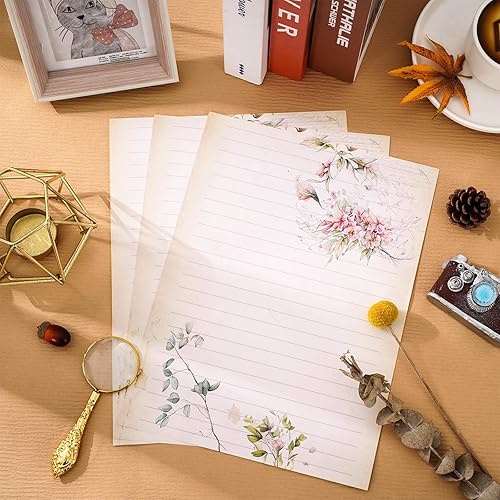 Miniatura 4 de AnyDesign 60 hojas de papel de papelería retro con diseño floral vintage, papel de escritura floral retro, papel de felicitación para bodas,