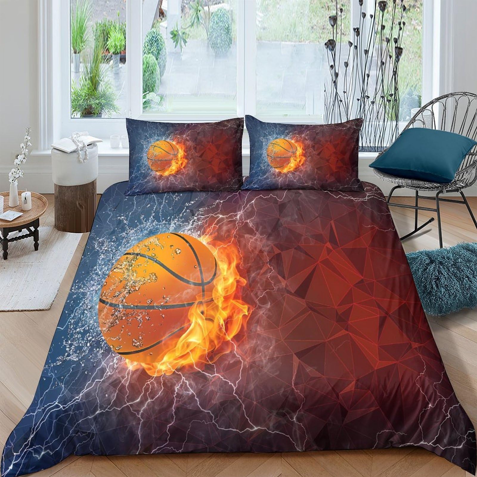 Ctjqhvkz Style-7 3D Printed Fire Basketball Fitted Sheet Microfiber Soft Non-Slip Water Splash Bed Cover For Bedroom Dorm Mattress Decor Single（135X200cm）