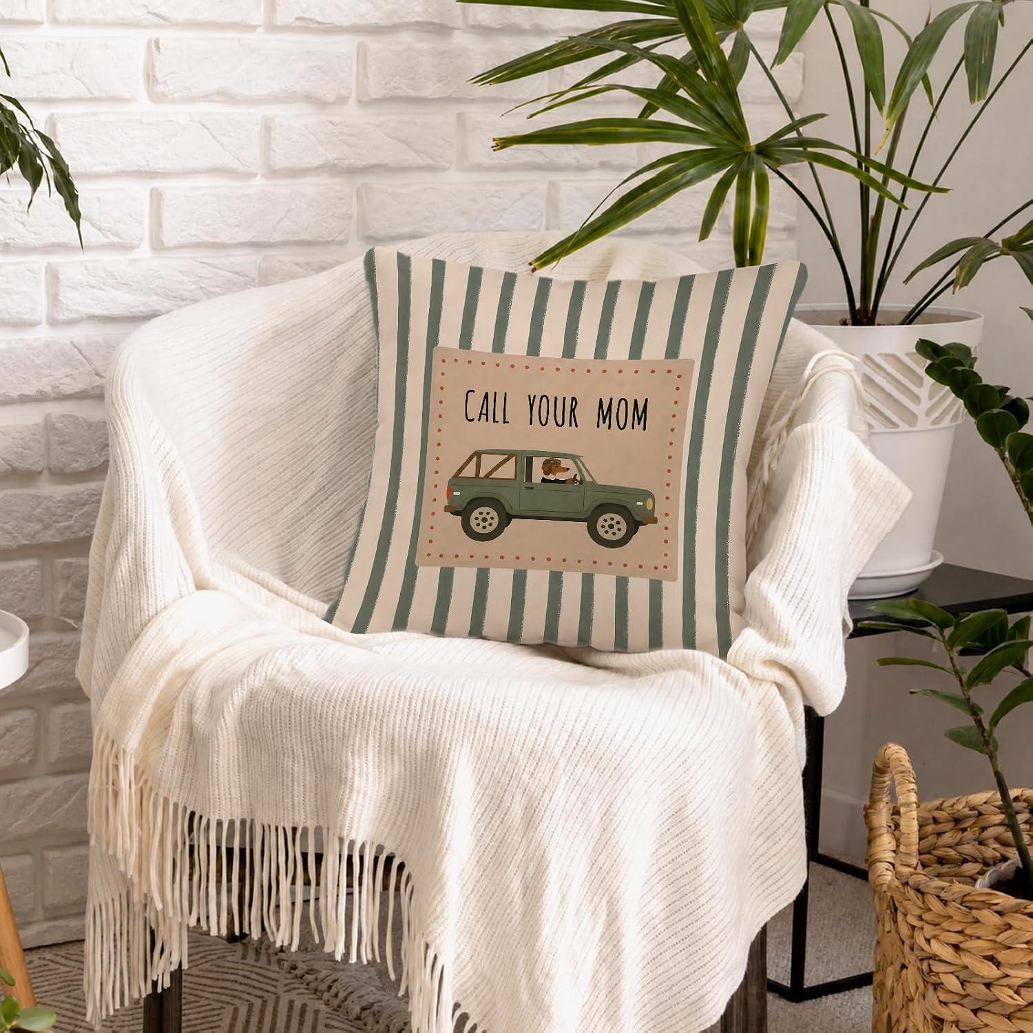 Funny Call Your Mom Striped Retro Car Dog Throw Pillow Cover 18x18 image 2