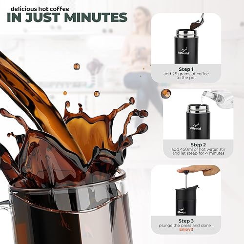 Miniatura 3 de Prensa francesa de viaje aislada de acero inoxidable doble pared, portátil, cafetera de 16 oz, taza para bebidas fríascalientes, negro.