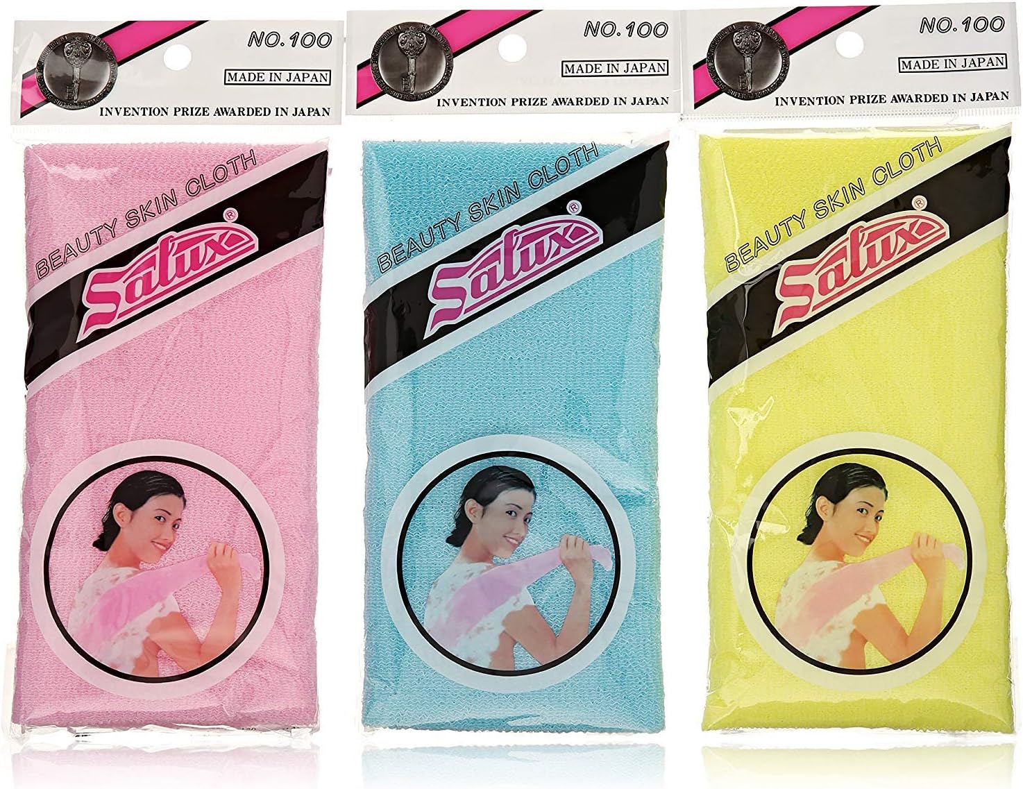 Nylon Japanese Beauty Skin Bath Wash Cloth/Towel (3) Blue Yellow And Pink