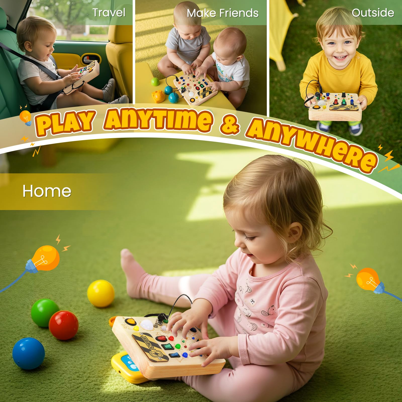 Tablero de actividades, juguetes Montessori para niños de 1 año o más, tablero de actividades con 13 luces LED, juguete educativo de viaje de madera para niños y niñas de 1 año 5