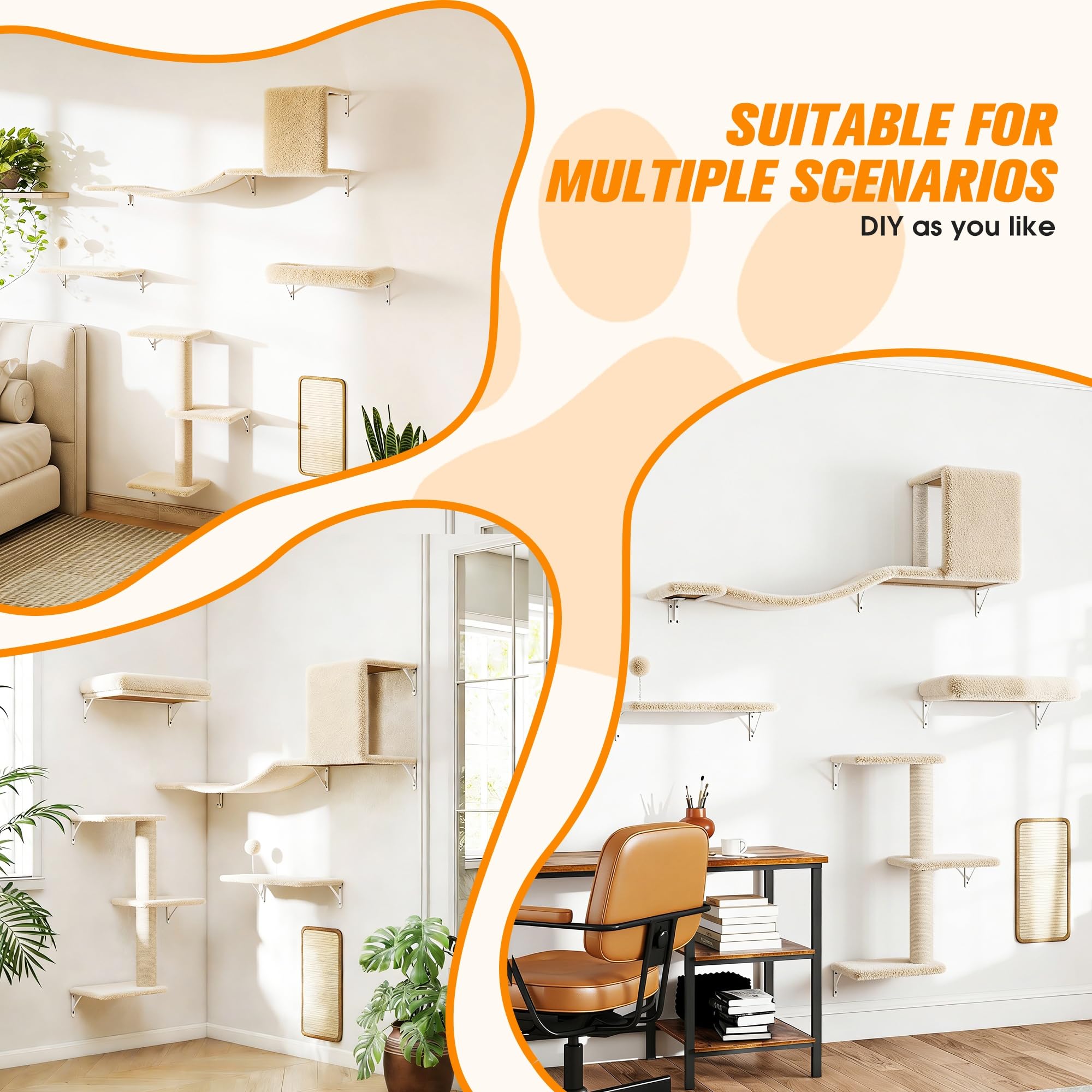 COZIWOW Cat Wall Shelves Set, 5-Piece Wall Mounted Cat Furniture with Cat Tree & Scratching Post, Floating Cat Perches for Indoor Cats（Beige） - image 6