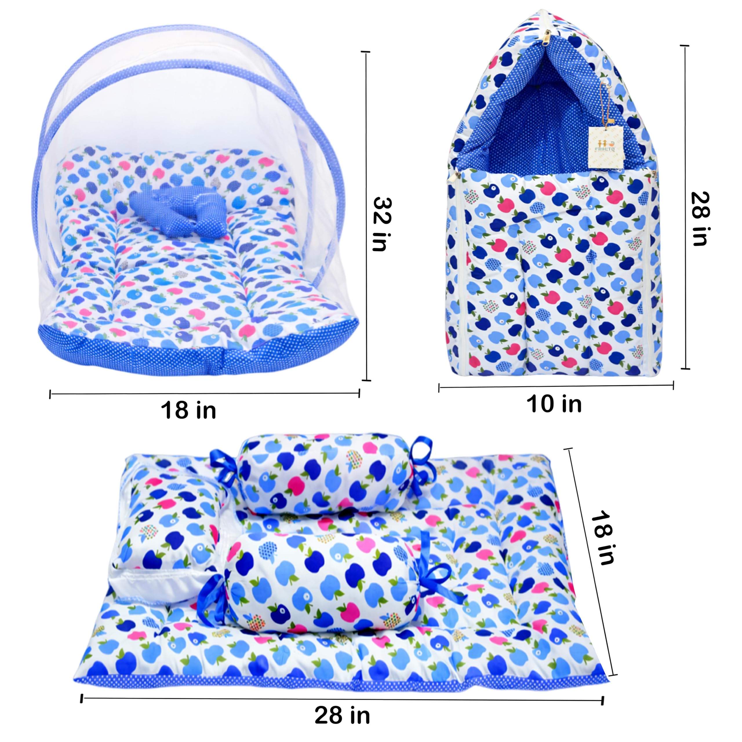 Fareto Combo of Baby Bed with Net | Carry Bag | 4 Pcs Bedding Set (0-6 Months, Baby Size, Cotton) (Blue Apple) 4
