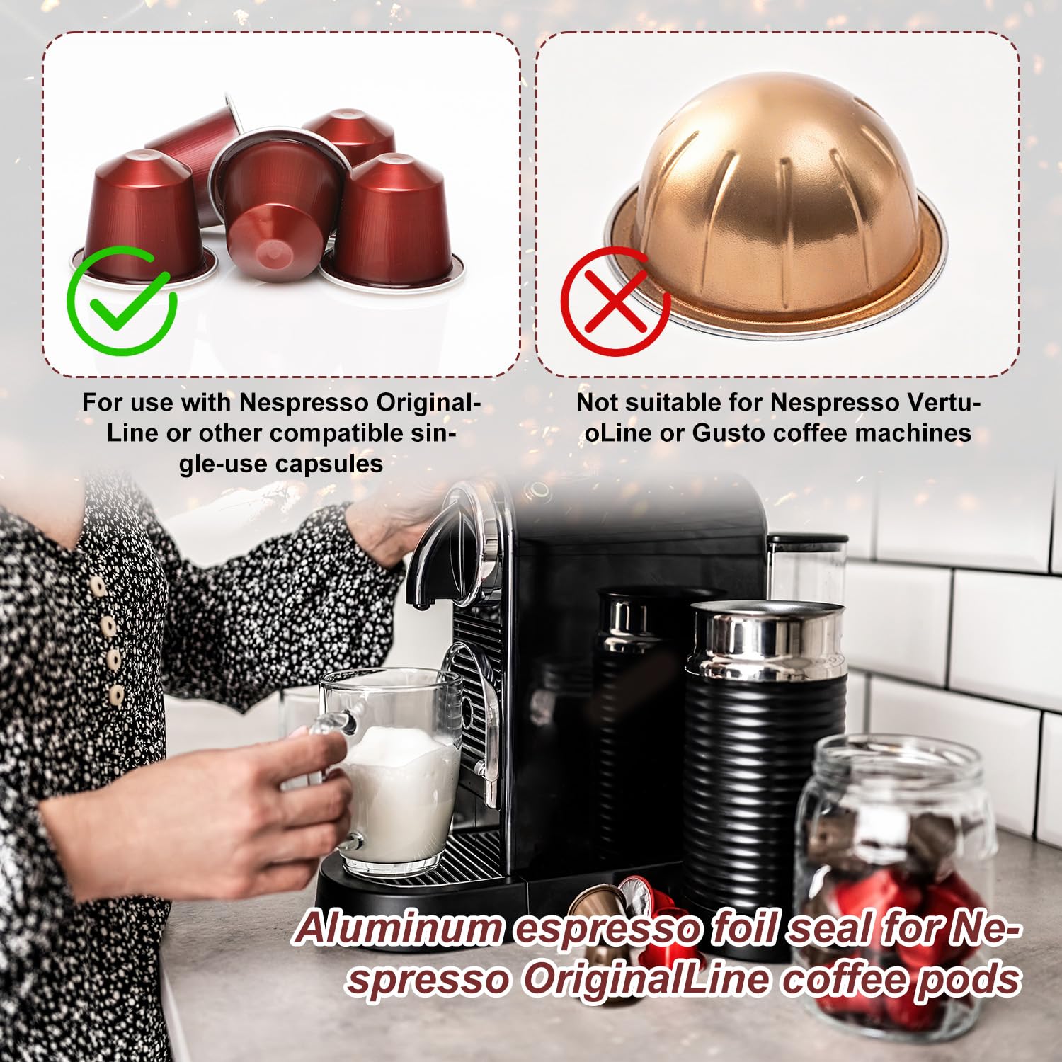 200szt Kapsułek do Kawy Espresso, Foliowe Plomby Aluminiowe Wieczka Espresso 37mm Samoprzylepne Naklejki do Kapsułek Wielokrotnego Użytku Kompatybilne z Ekspresami Nespresso Original Line