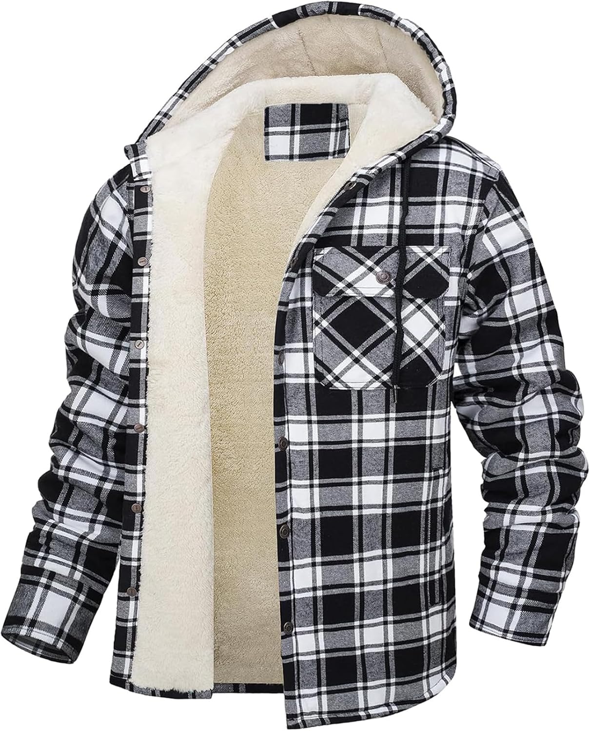 Shirt Jacket For Men Thick Sherpa Lined Plaid Soft Hoodies Zip Up Winter Hooded Jacket Fleece Coat Pockets Sweatshirts