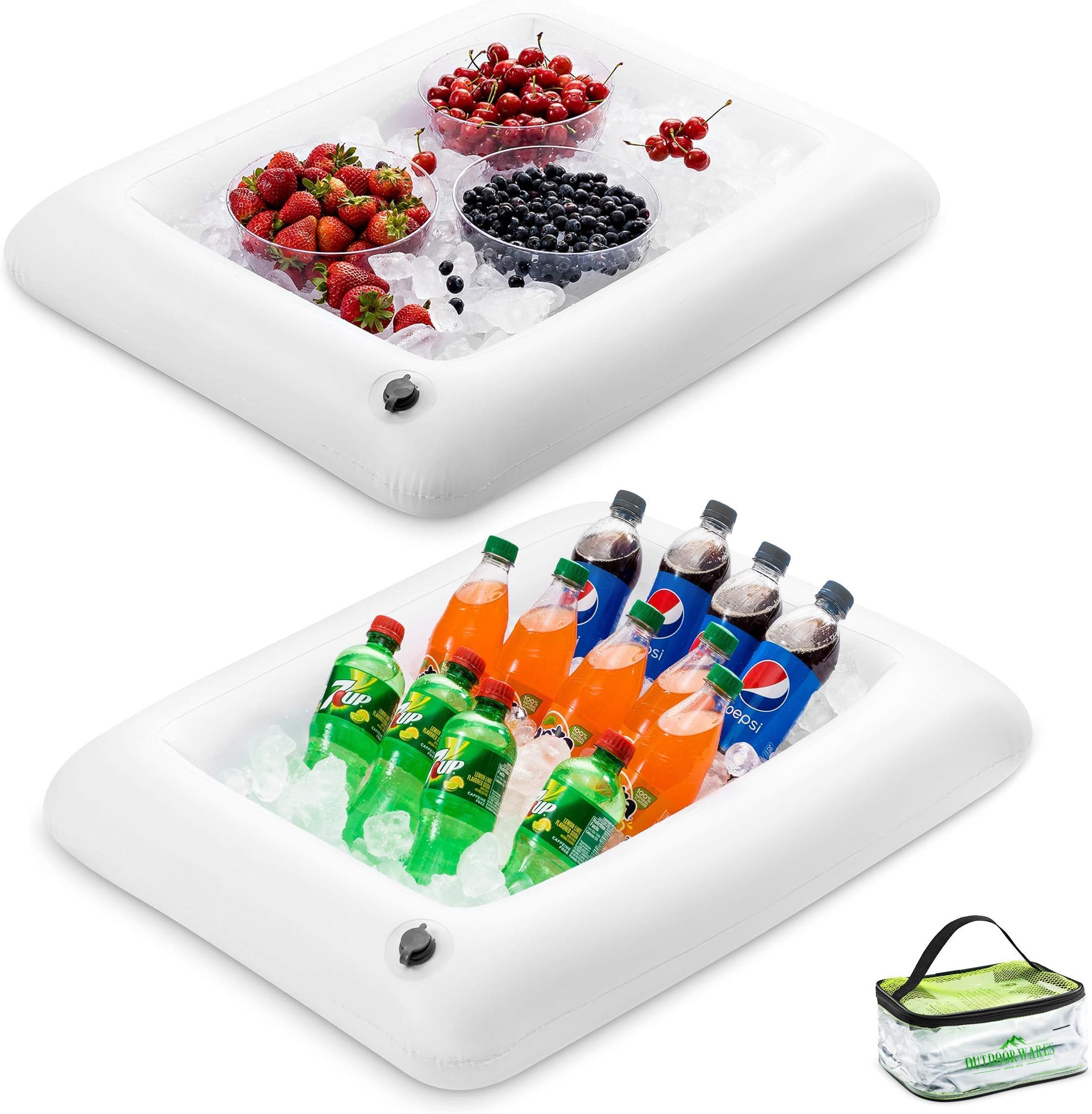 Inflatable Serving salad bar buffet - With Drain New INNOVATIVE VALVE For EASY Inflation/Deflation By Food & Drink Holder For Picnics, Barbeques & Parties โ 28" x 22" x 4" -2 Pack