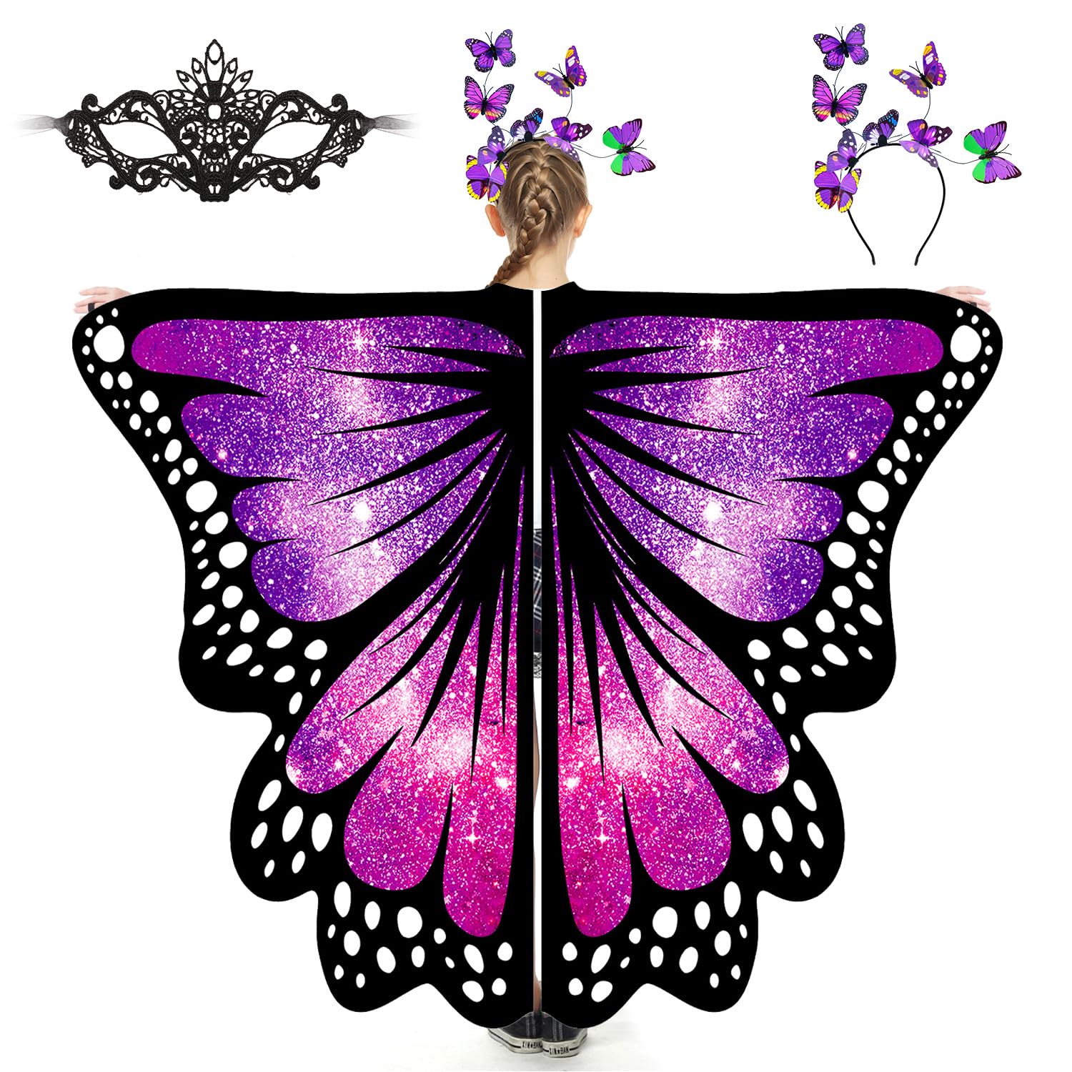 plainshe Alas de mariposa para niñas, disfraz de mariposa para Halloween, alas de hadas para niños, juego de 3 capas de mariposa