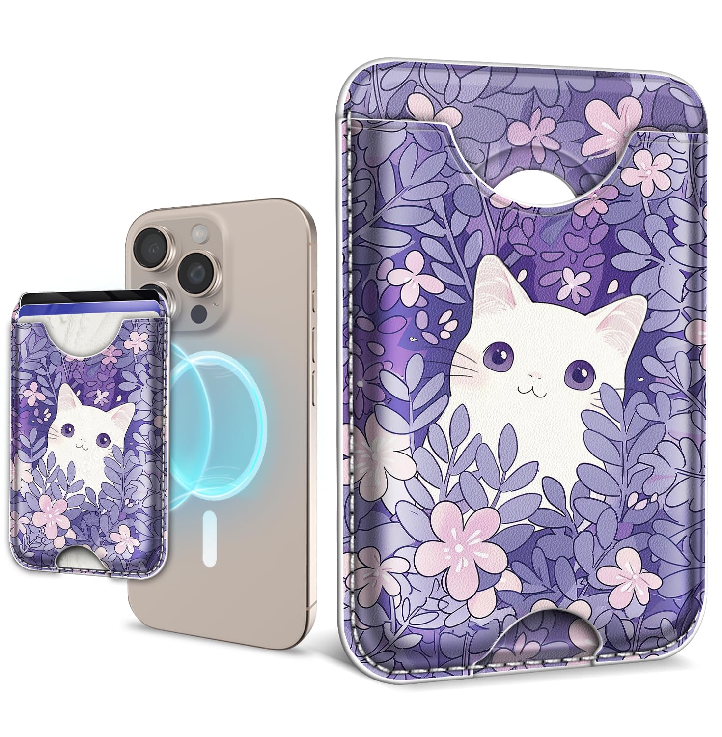 Magsafe - Cartera magnética para teléfono, diseño de gato blanco, funda magnética para tarjetas de crédito, delgada RFID de cuero vegano, cartera magnética para mujer, se pega en la parte