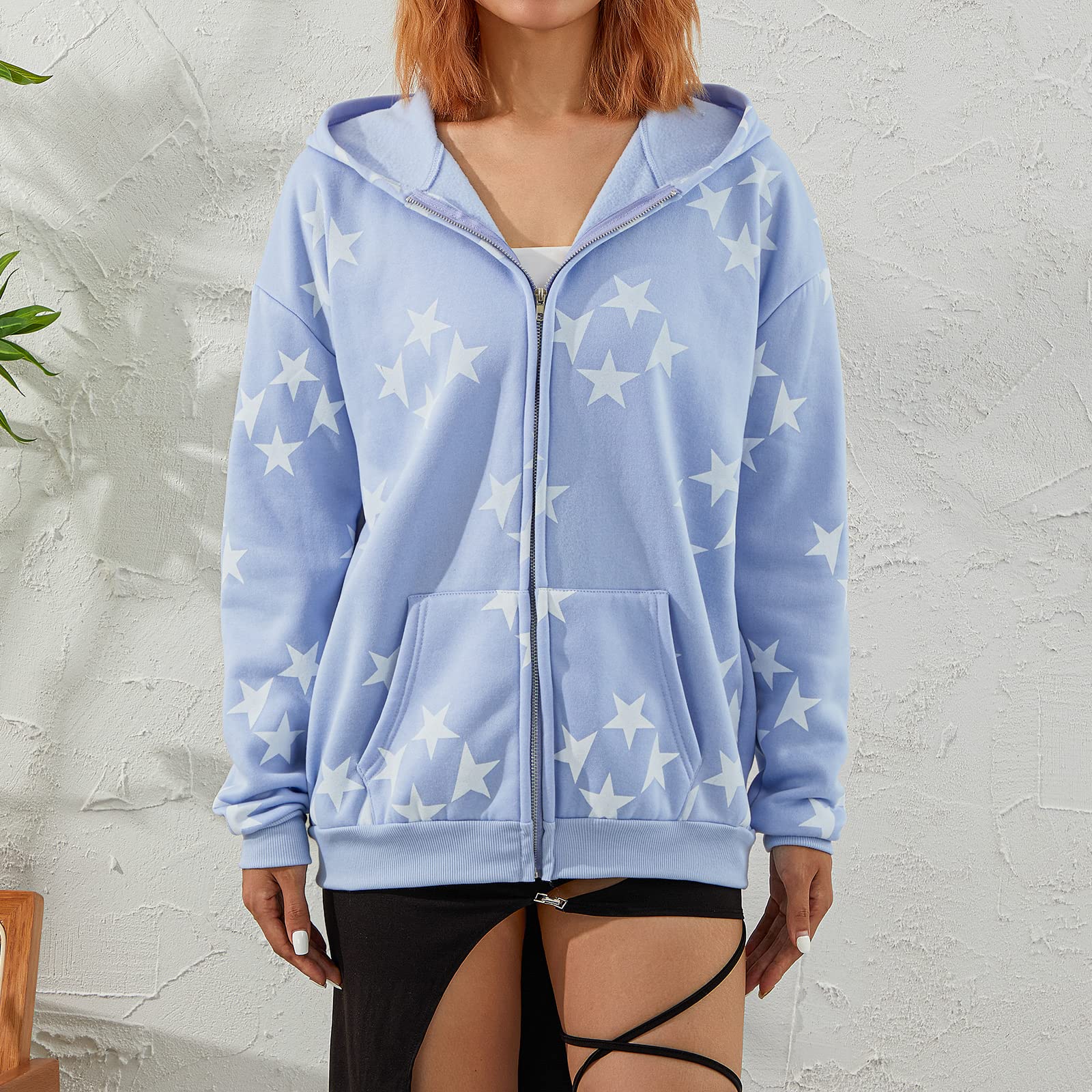 Sexy Outfit Damen Y2k Grunge Star Zip-Up Hoodie Gemütliche Loose Fit Harajuku Streetwear Sweatshirt mit Tasche für Herbst Winter
