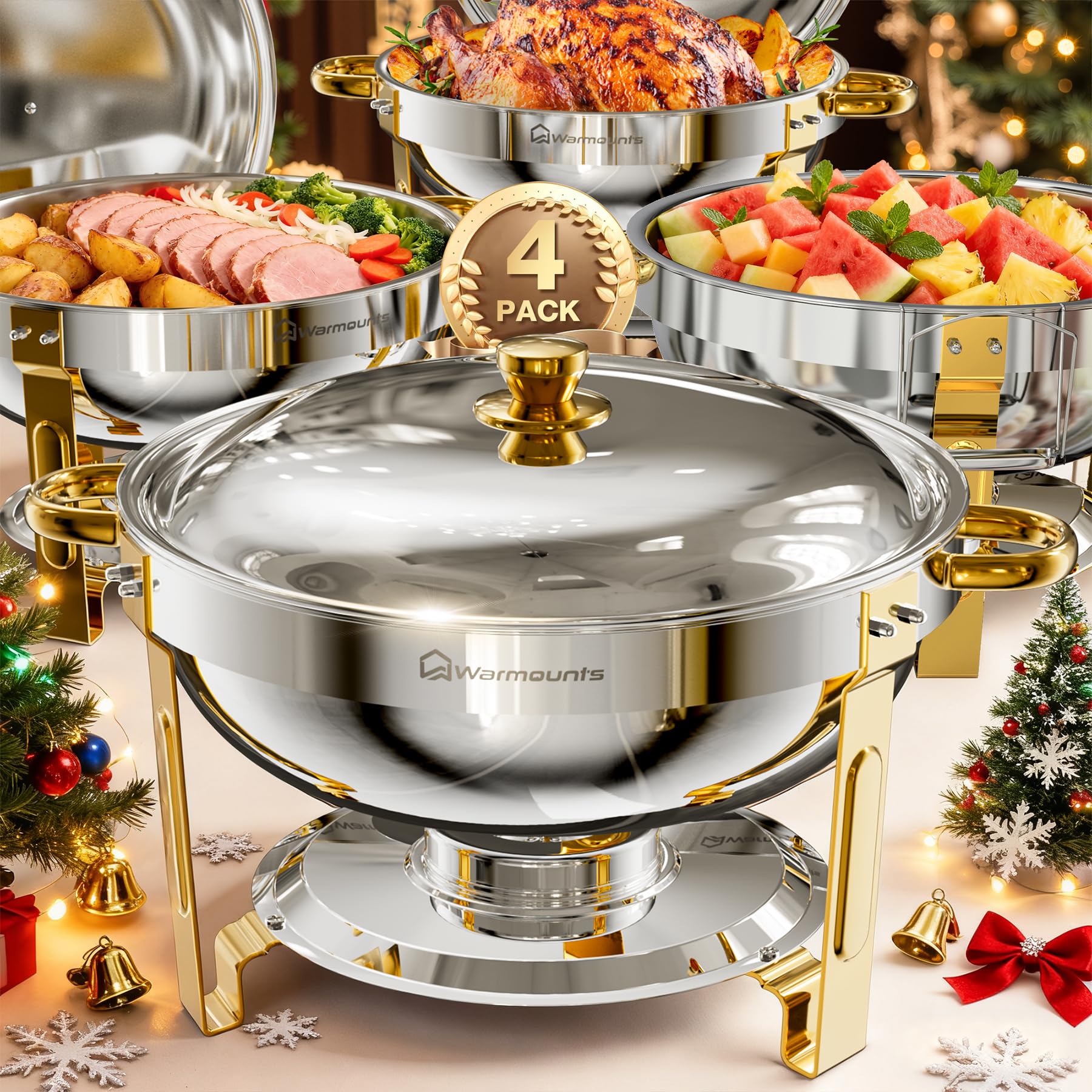 WARMOUNTS Gold Chafing Dishes for Buffet, 5QT 4 Pack Round Chafing Dish Buffet Set w/Lid Holder, Thickened Stainless Steel Chafers and Buffet Warmers Sets for Weddings, Events, Banquet