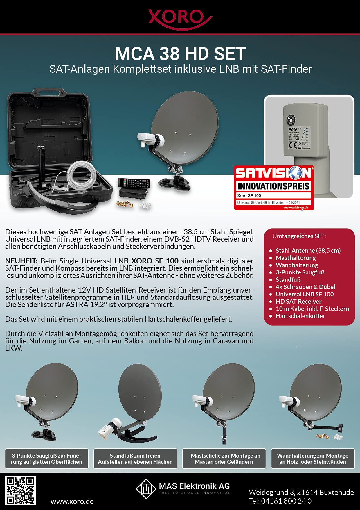 XORO 38,5 cm Camping Satellitenantenne MCA 38 HD Set, inkl. FullHD DVB-S2 Receiver, Single LNB mit integriertem Satfinder, 10m Kabel, Halterungen, im Hartschalenkoffer