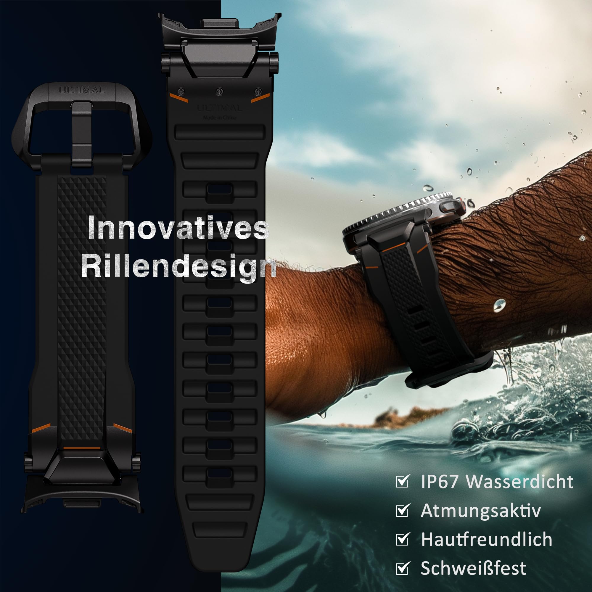 ULTIMAL Armband Kompatibel mit Samsung Galaxy Watch 9/8 40mm/44mm, 8 Classic 46mm, Robustes Premium TPU & Metall Sportarmband für Herren