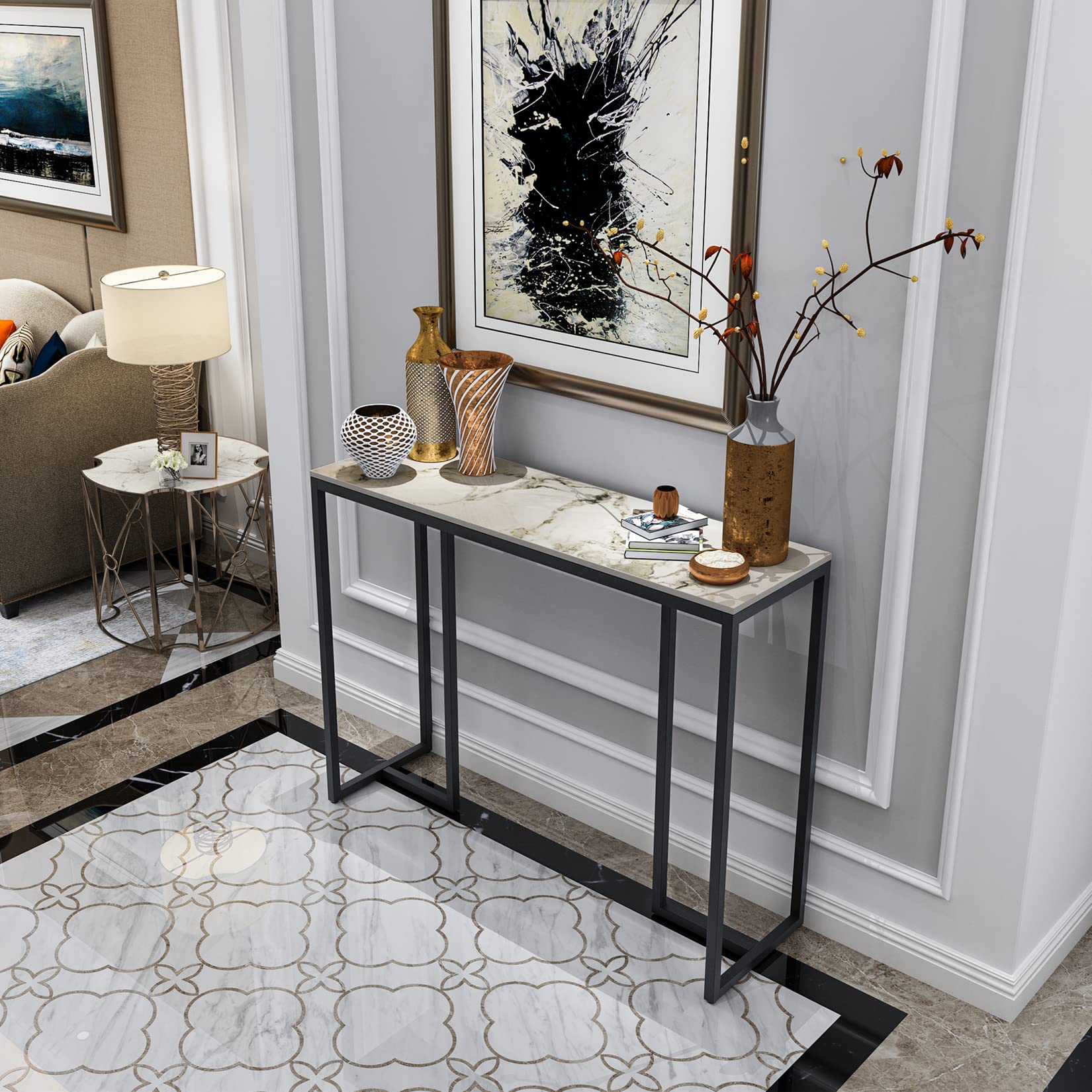 FATIVO Consola Mesa Marmol Recibidor Entrada: Mueble Auxiliar Estrecha Nórtico para Pasillo Salon Entraditas de Patas Hierros Rusticas 100x30x78,5 cm
