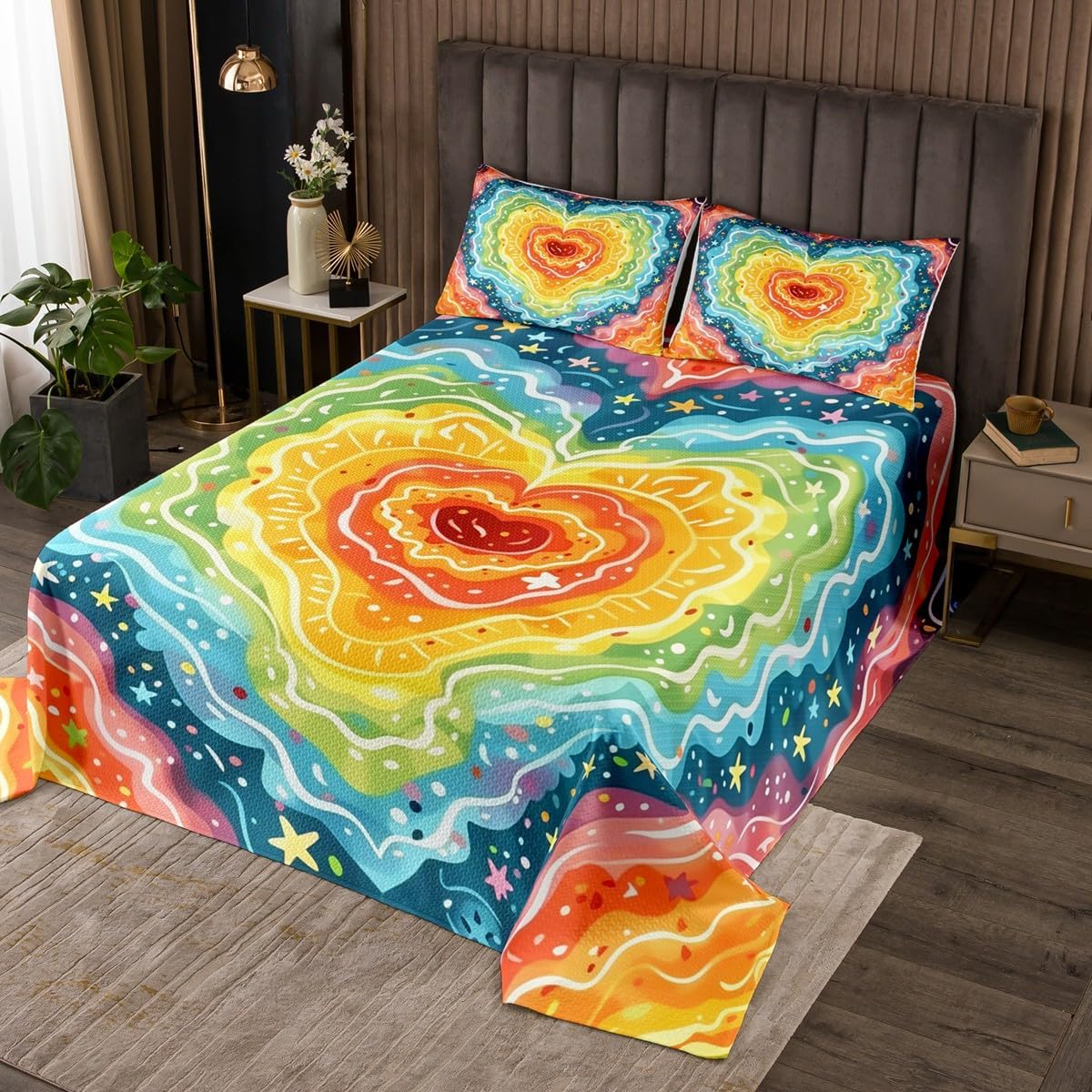 Rainbow Bedspread Twin Size,Stars and Love Pattern Bedding Set 2Pcs for Kids Girls Boys Woman Room Decor,Dreamy Starry Sky Galaxy Comforter Set Kawaii Watercolor Coverlet Quilt,1 Pillowcase