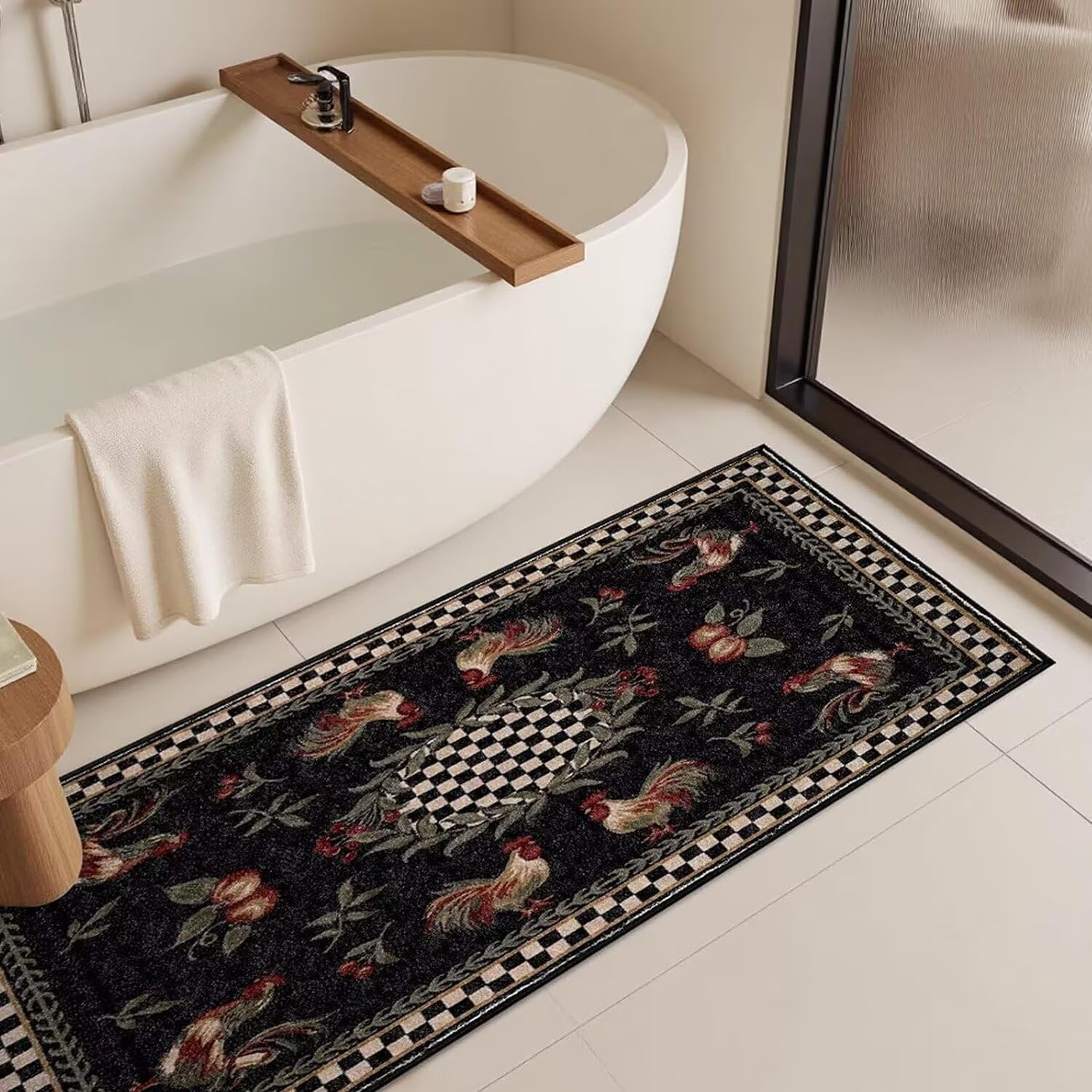 2ftx4ft Black Runner Rooster Rugs for Bathroom Kitchen Floor Washable Vintage Farmhouse Chicken Area Rug for Laundry Room Non-Slip Hen Plaid Carpet