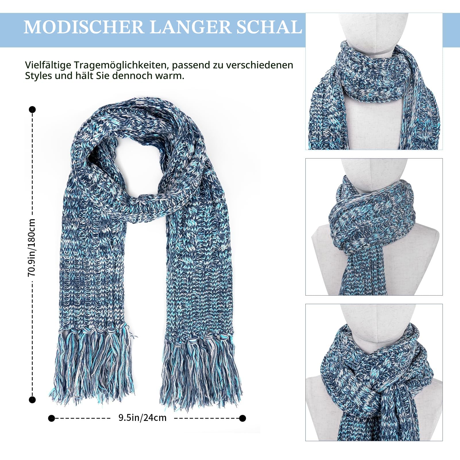Mütze Schal Handschuhe Set Winter Weich Warm Pelzgefütterte Bommelmütze Langer Schal mit Quaste und Touchscreen Handschuhe Set 3-teiliges Melange Gestrickt Damen Unisex