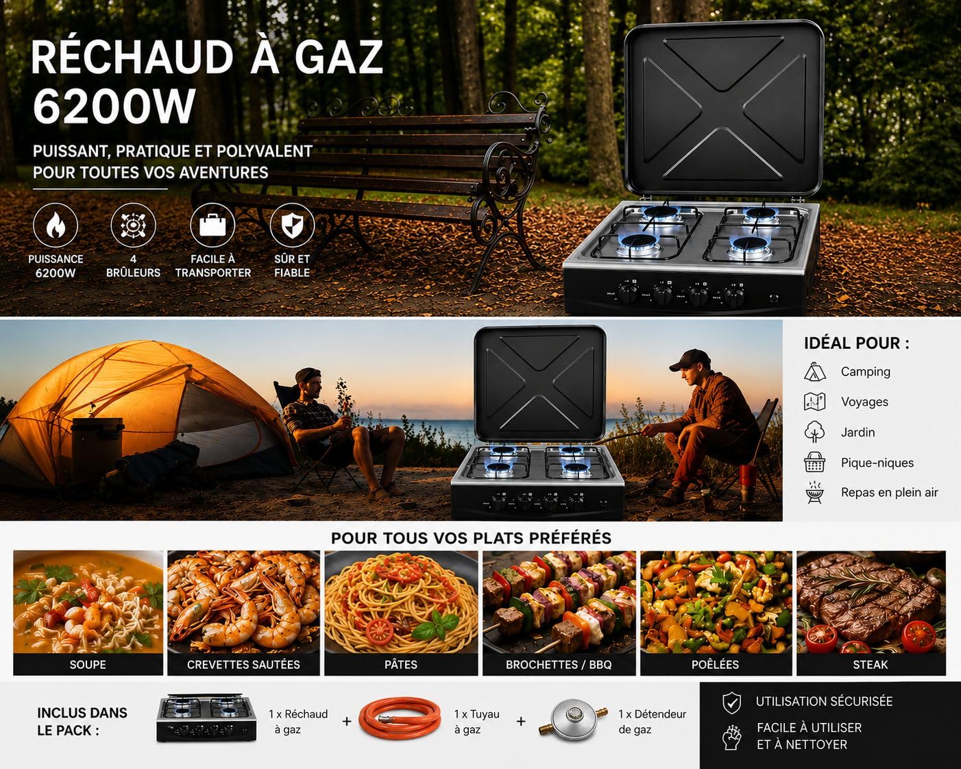 Réchaud à Gaz 4 Brûleurs 6,2 kW