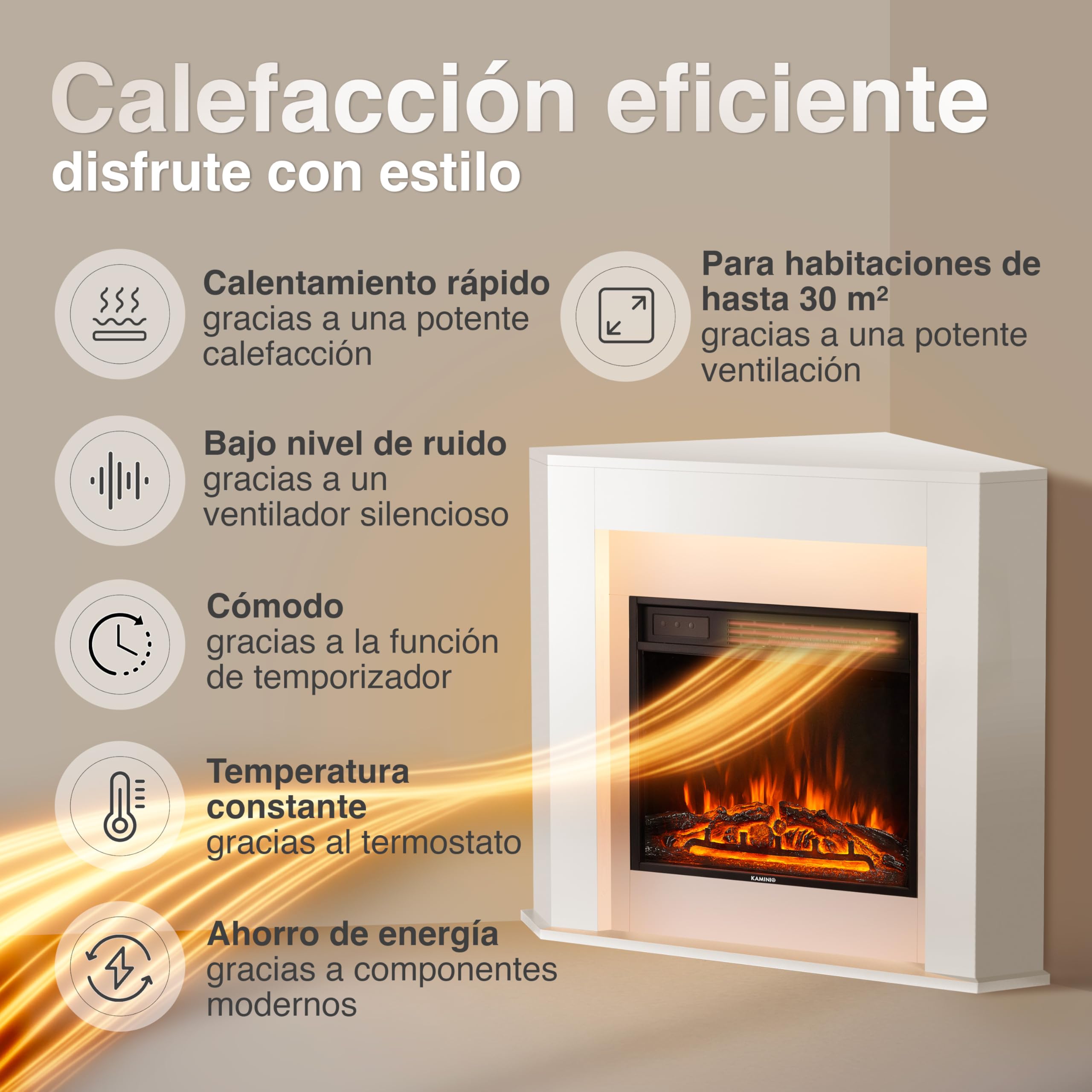 KAMINIO Chimenea eléctrica Matti - Chimenea eléctrica de Esquina con calefacción, Efecto de Llama 3D, Luz Ambiental LED, Control Remoto - Esquina (Blanco)