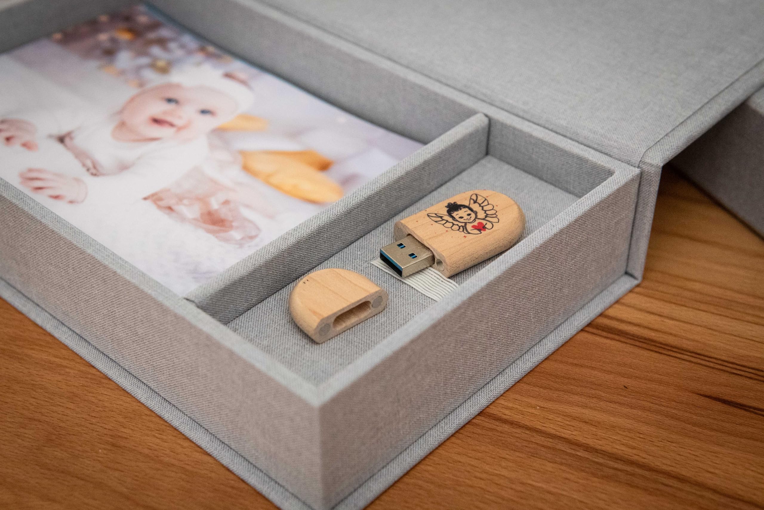 Contenitore USB per matrimonio, con scatola fotografica, 13 x 18 cm, tessuto di lino (HGray)