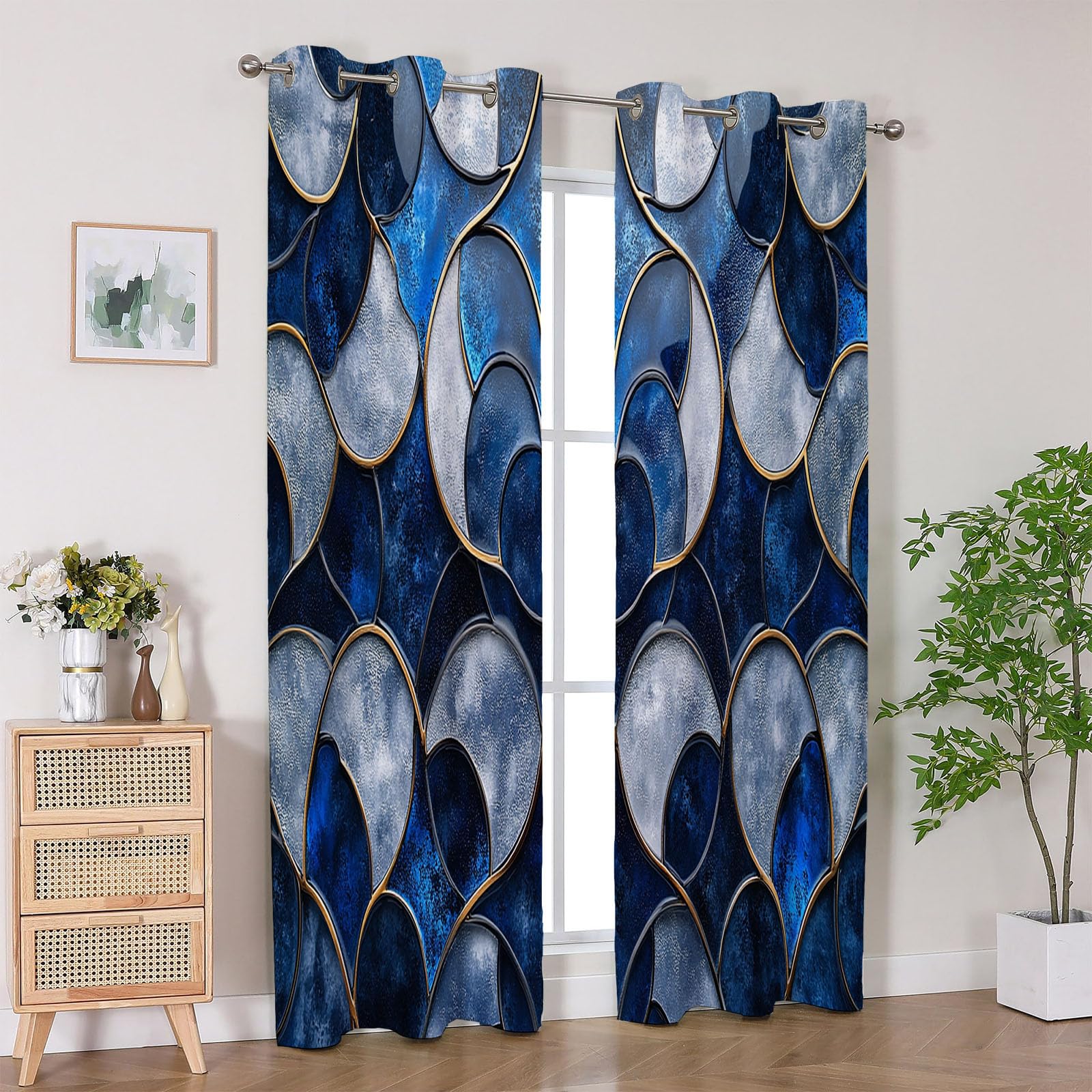 Vorhänge Blickdichte Retro - Blaues Buntglas mit Goldlinien Raumverdunklung, Vorhänge für Wohnzimmer und Schlafzimmer-H180 x B140 cm (2er Pack)
