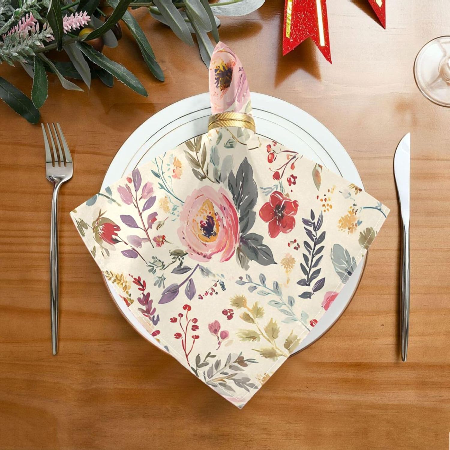 MNSRUU Cloth Napkins Set of 6, Vintage Flower Floral Polyester Kitchen Dinner Napkins for Holiday Festive New Years Wedding Decor