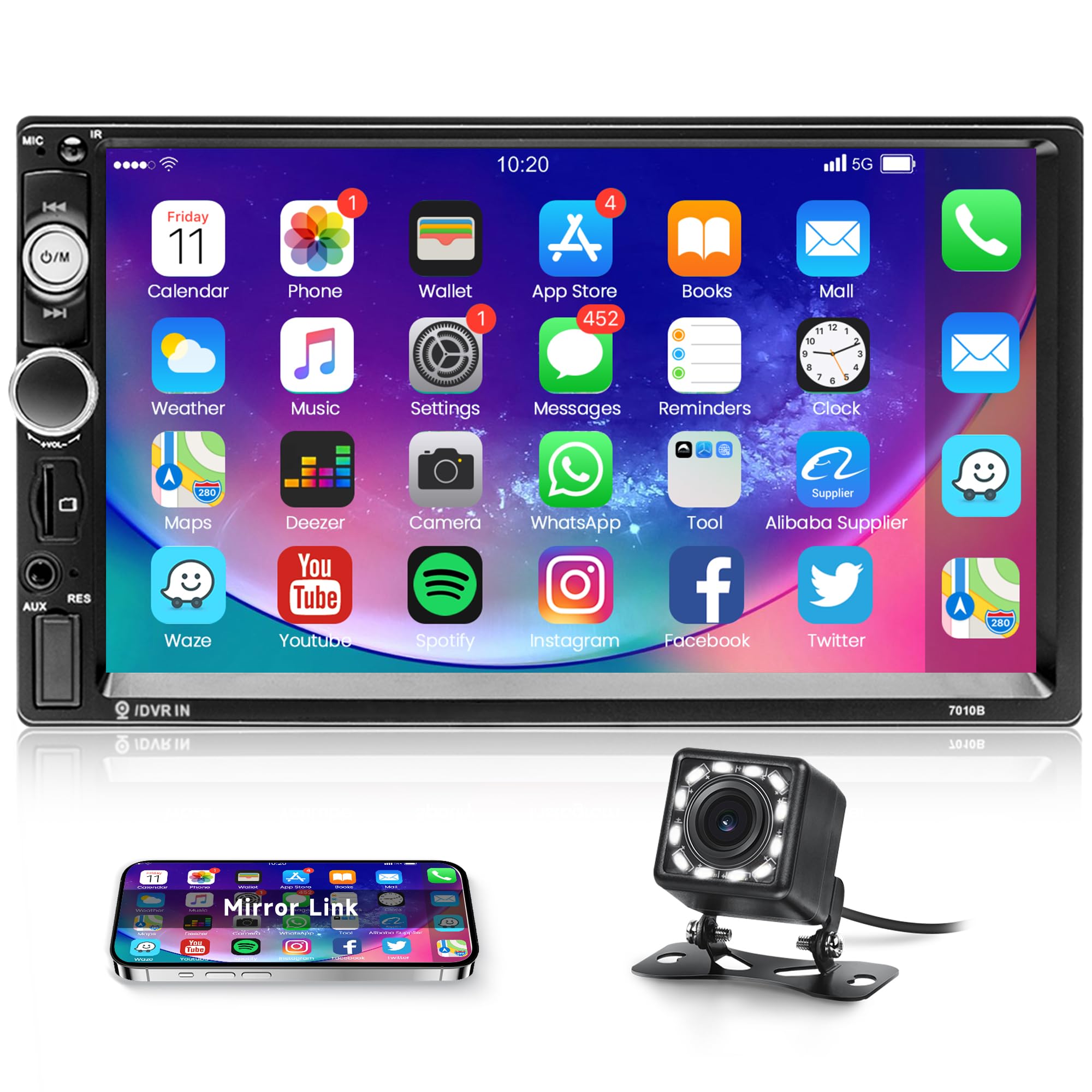 Rimoody Autoradio 2 Din met Bluetooth hands-free IOS/Android Mirror Link 7 inch autoradio dubbele DIN met Bluetooth FM radio USB/AUX/TF stuurbediening achteruitrijcamera