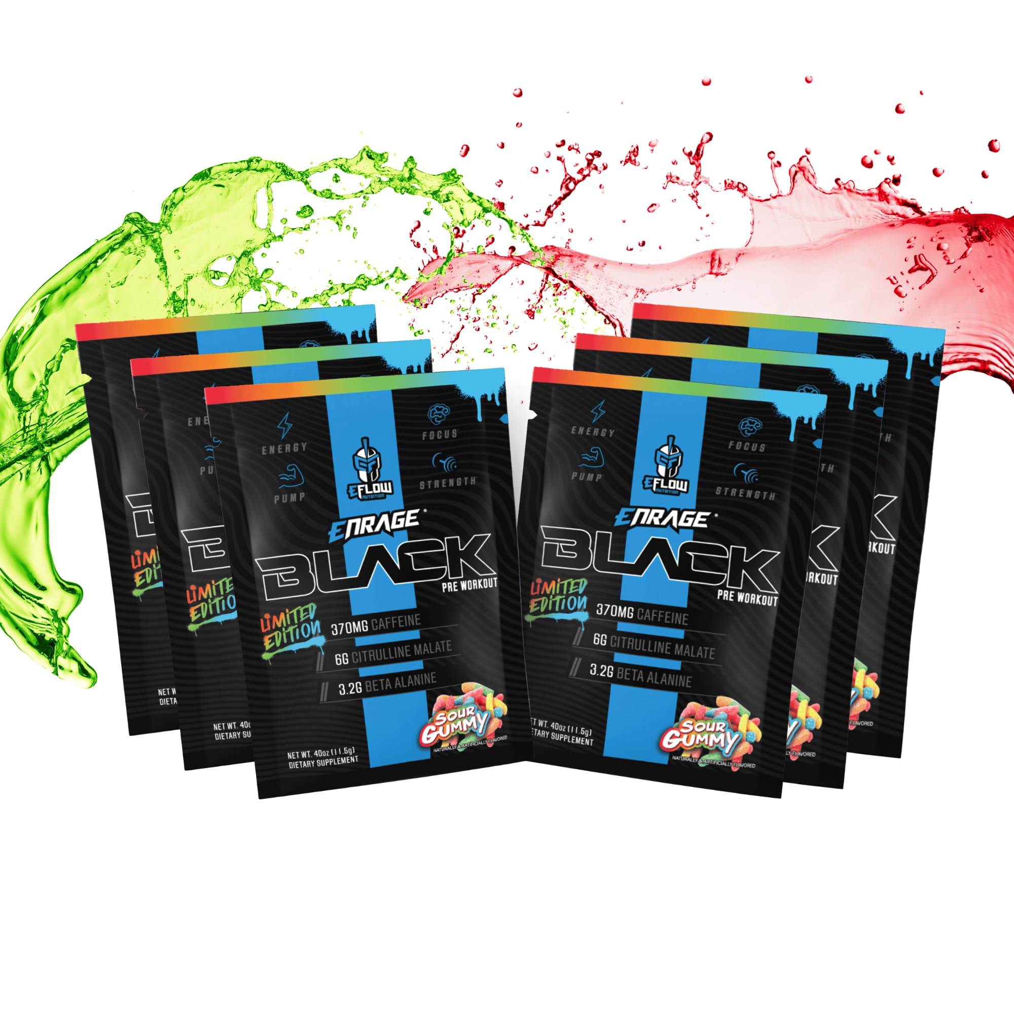 eFlow Nutrition ENRAGE Black Sour Gummy Preworkout Sample Packs - Travel Packs - High Stim Energy, Pump, Strength, Endurance, Focus, Nootropic Formula - Sour Gummy Flavor (6 Packs)