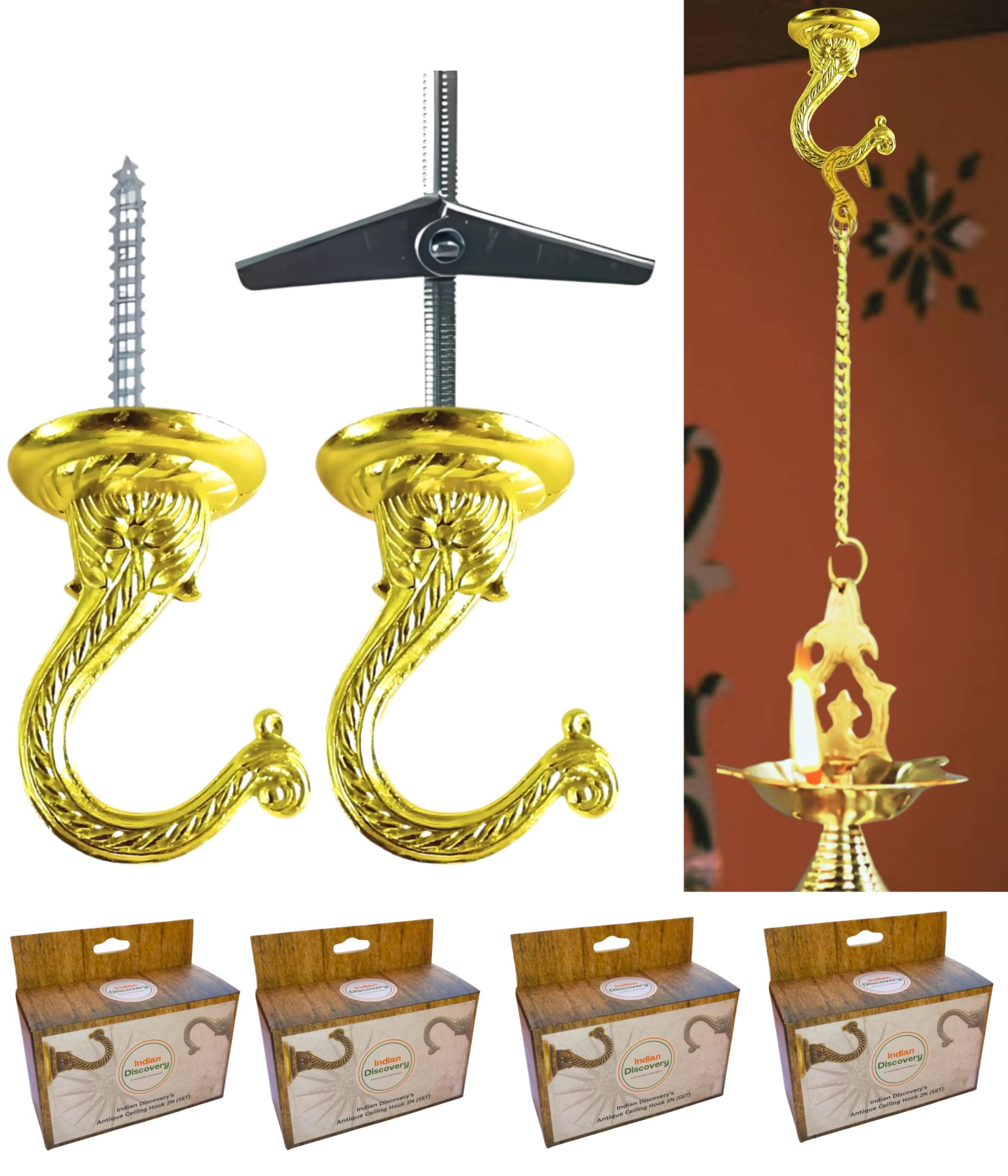 Indian Discovery® Antique Decorative Swag Ceiling Hooks for Hanging Plants, Metal Wall/Ceiling Brackets for Hanging Planters, Lanterns, Windchimes, Bird Feeders, Hang Pots (Royal Brass: Set of 8)