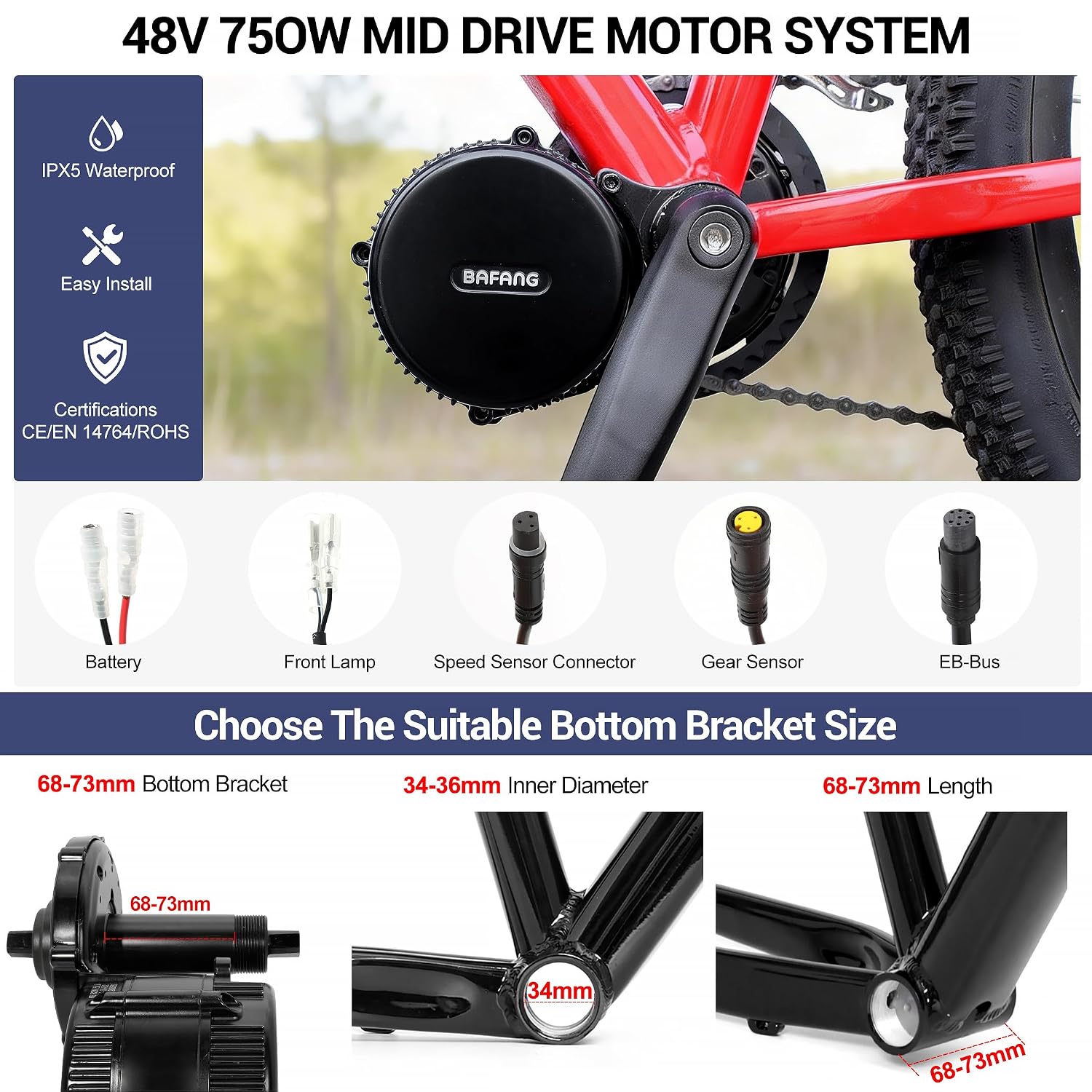 BAFANG BBS02B Mid Drive Motor Kit, 48V 750W UART Bus Ebike Conversion Kit with LCD Display, USB Programmable, Fits 68-73mm Bottom Bracket, Battery Optional