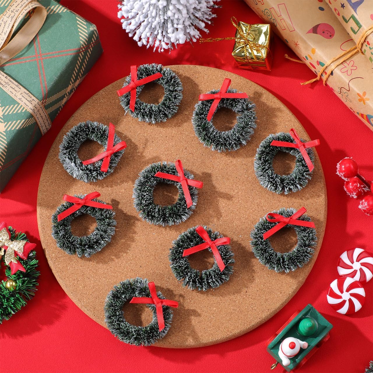 20 Pcs Mini Christmas Wreaths for Crafts Artificial Xmas Tree Ornaments with Bows Miniature Winter Wreath Candle Ring Arch Home Decor - Image 3