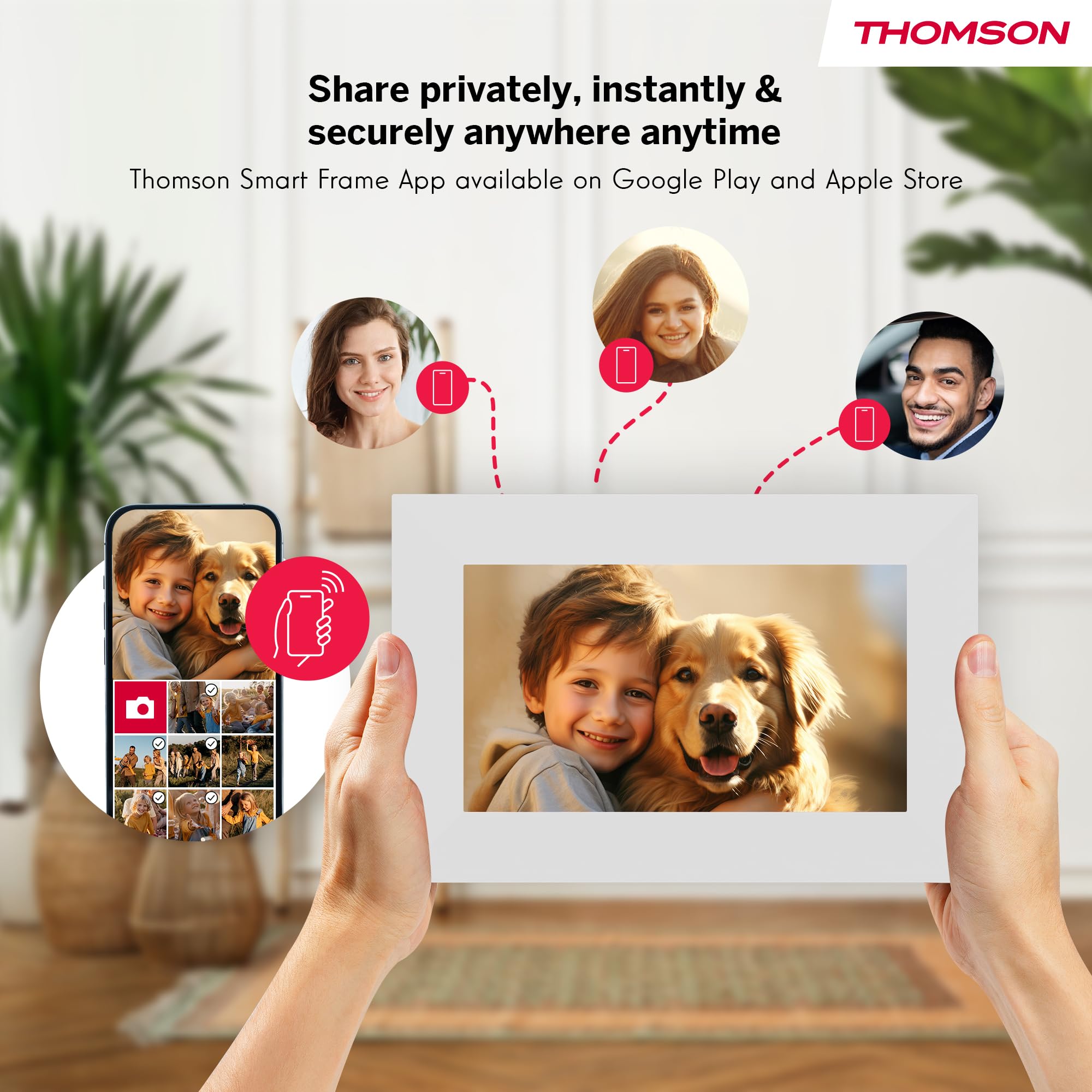 Thomson Cornice Digitale 7 Pollici, Schermo IPS, Touchscreen HD, Condivisione Diretta tramite App, Funzioni Smart, Cornice Fotografica Elettronica con 32 GB di Memoria, Rotazione Automatica, Bianca