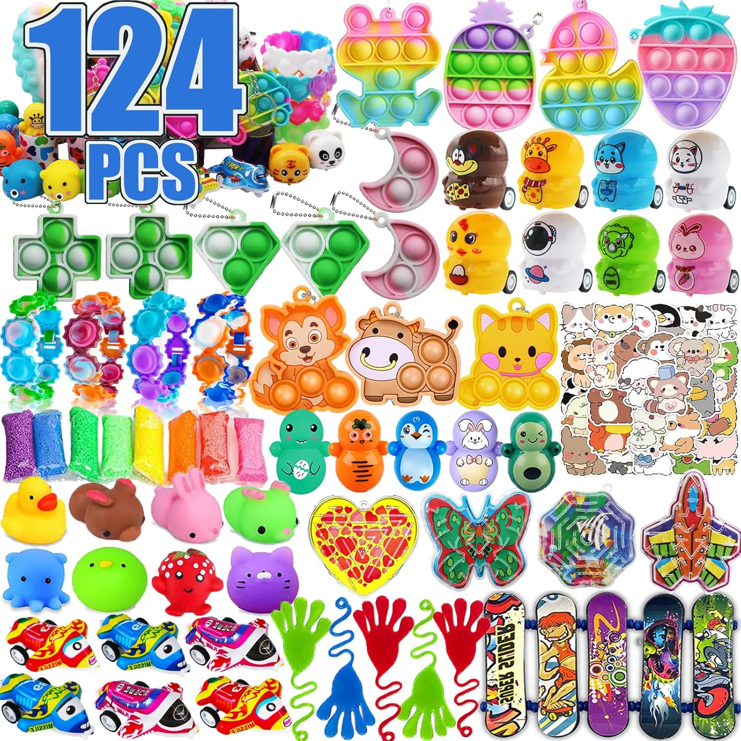 Pebatoor 124 PCS Pop Party Favors for Kids, Fidget Treasure Box Toys for Classroom, Pinata Filler, Treasure Chest Carnival Prizes, Goodie Bag Stuffers, Prize Box Bulk Toys for Boys Girls 4-8-12