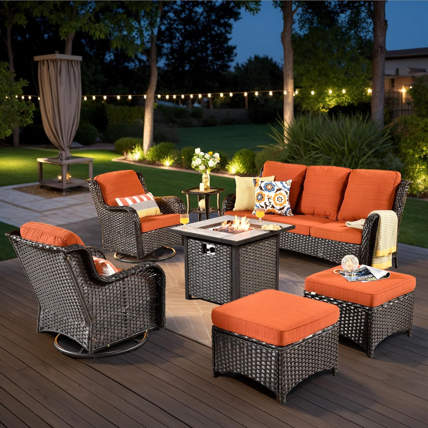 HOOOWOOO Patio Furniture Set,7 Piece Outdoor Furniture Set with Fire Pit Table,Wicker Patio Conversation Couch Swivel Chairs Ottoman Set,Orange Red