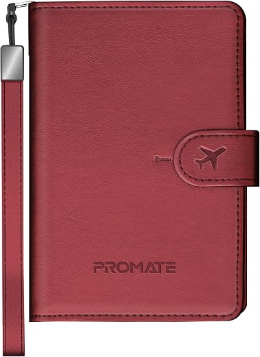 Promate PassMate Smart Leather Passport Holder with RFID Protection, Apple Find,My Global Tracker, Wireless Charging, 6-Mo...
